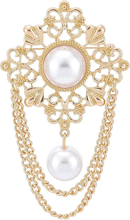 Vintage Round Pearl Brooches Pin with Filigree Flower Chain Tassel, Elegant Boho Gold Dangle Drop... | Amazon (US)