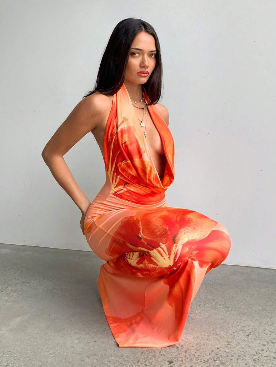 Aloruh Women's Sexy Floral Print Halter Backless Dress, Summer | SHEIN