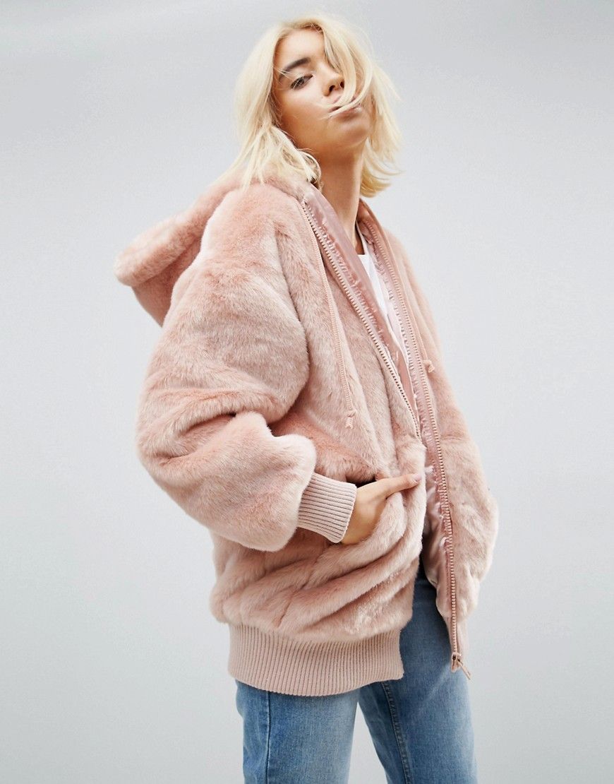 ASOS Oversized Hooded Jacket in Faux Fur - Pink | ASOS US