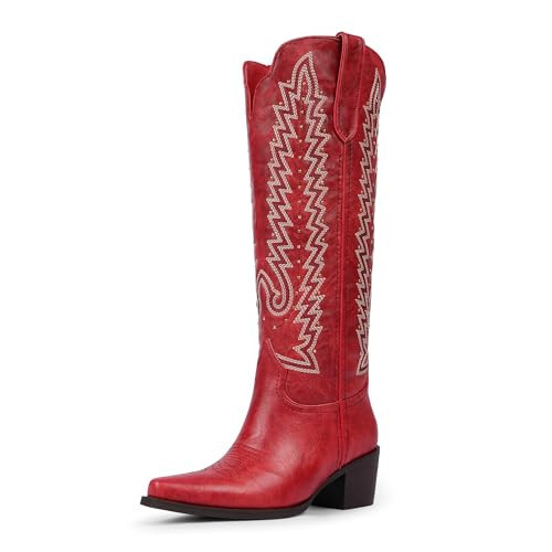 VIUGJNEX Red Cowboy Boots for Women - Knee High Cowgirl Boots, Slip On Chunky Heel Pointed Toe Pull On Tall Boot for Party Concert Retro Classic, Size 6 | Amazon (US)