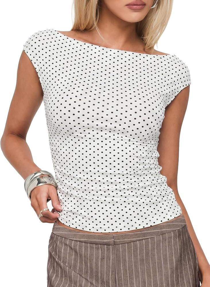 EMMIOL Off Shoulder Tops for Women Cute Sleeveless Polka Dot Shirts Ruched Sexy Going Out Tank To... | Amazon (US)