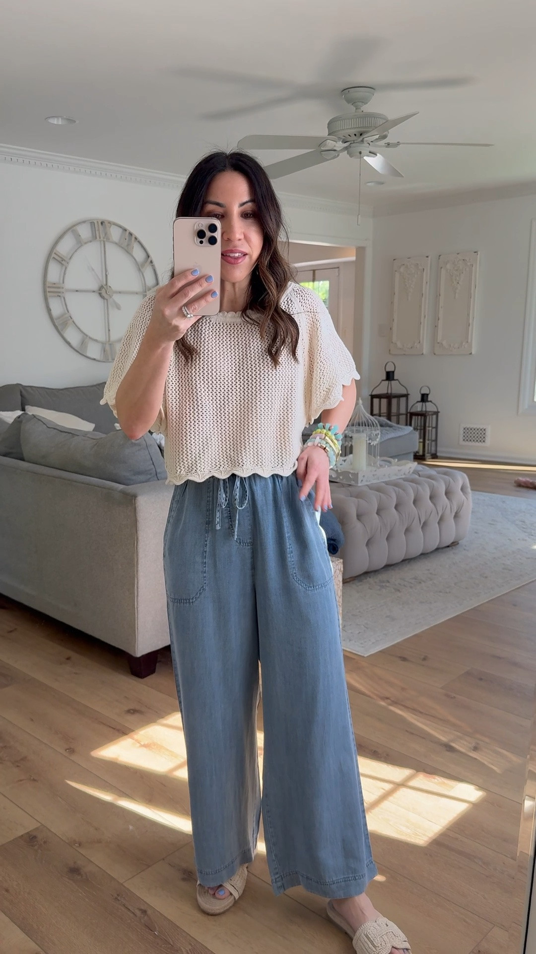 Small crochet top. Small chambray pants. Sandals TTS. Jewelry code Houseofleo20

#LTKOver40 #LTKPetite #LTKSaleAlert