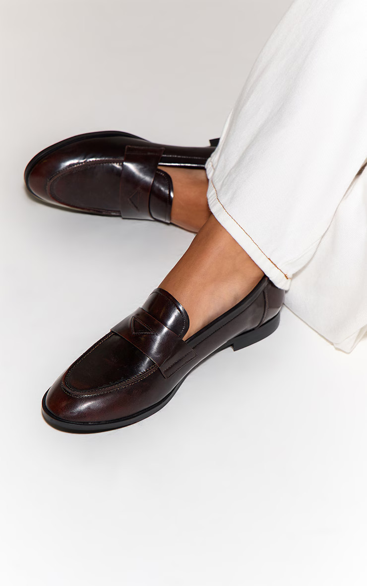 Burgundy Burnished Round Toe Loafers | PrettyLittleThing UK