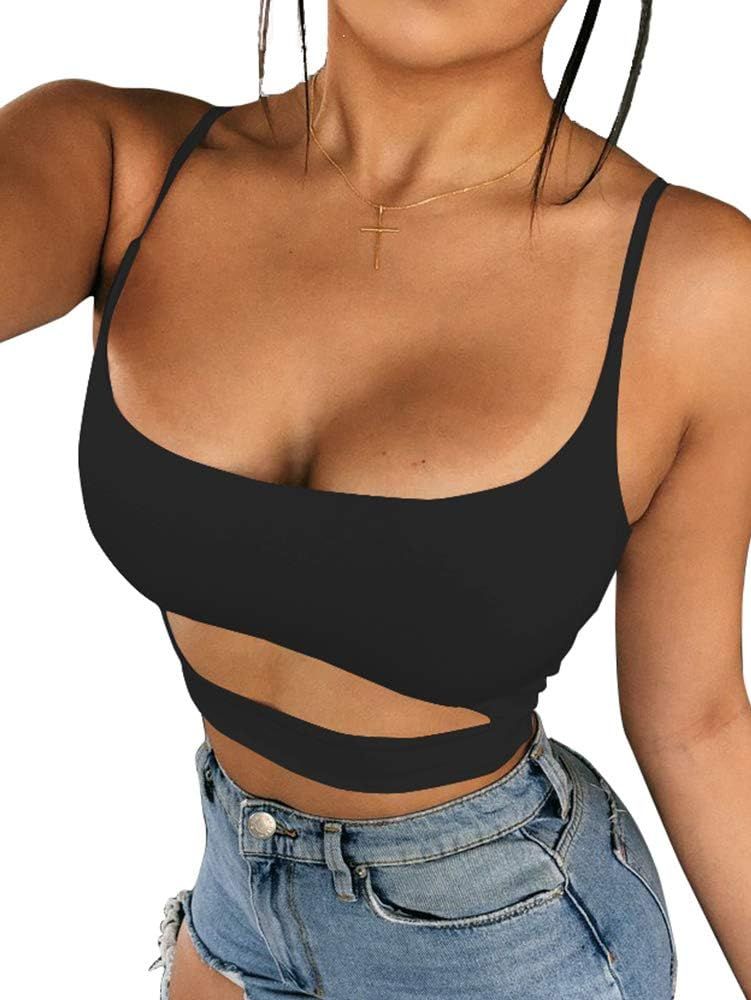 BEAGIMEG Women's Sexy Basic Slim Fit Spaghetti Strap Cut Out Crop Tops | Amazon (US)