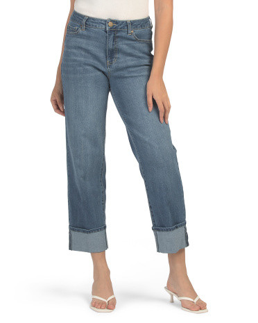 High Waist Wide Leg Cuffed Ankle Jeans | TJ Maxx