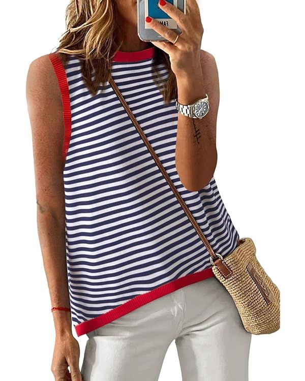 Dokotoo Womens Summer Tops 2024 Casual Striped Color Block High Neck Tank Top Loose Knit High Low... | Amazon (US)