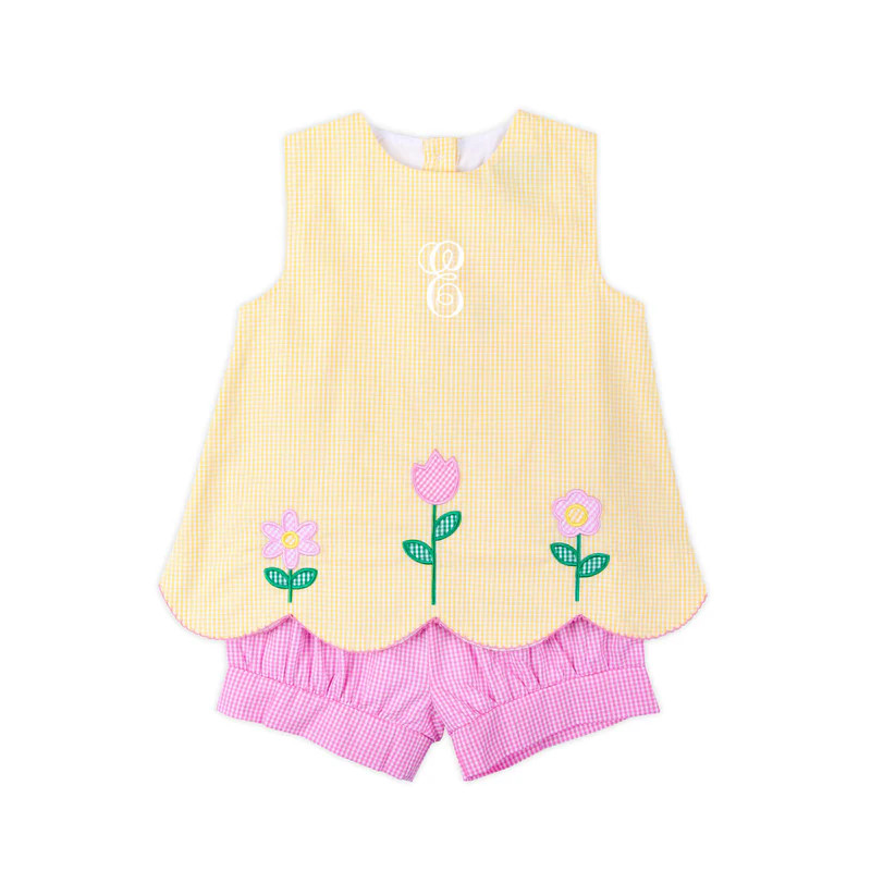 Flowers Applique Yellow Gingham Scalloped Short Set | Classic Whimsy