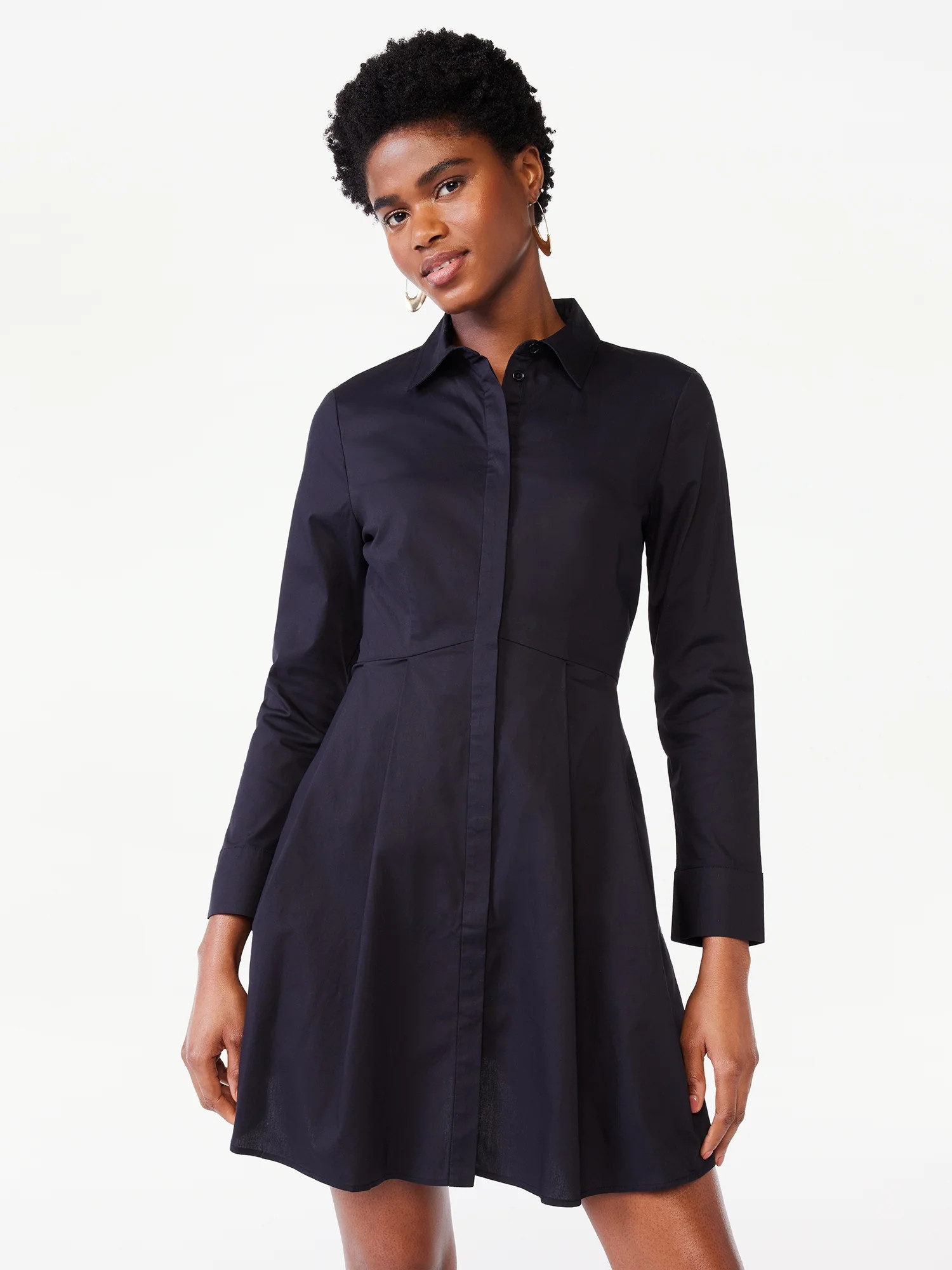 Scoop Women's Long Sleeve Fit and Flare Poplin Short Shirt Dress | Walmart (US)