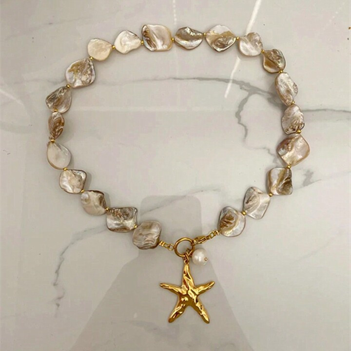 1pc Stainless Steel Gold Color Starfish Pendant Necklace Featuring Shell Beads, Women's Fashion A... | SHEIN