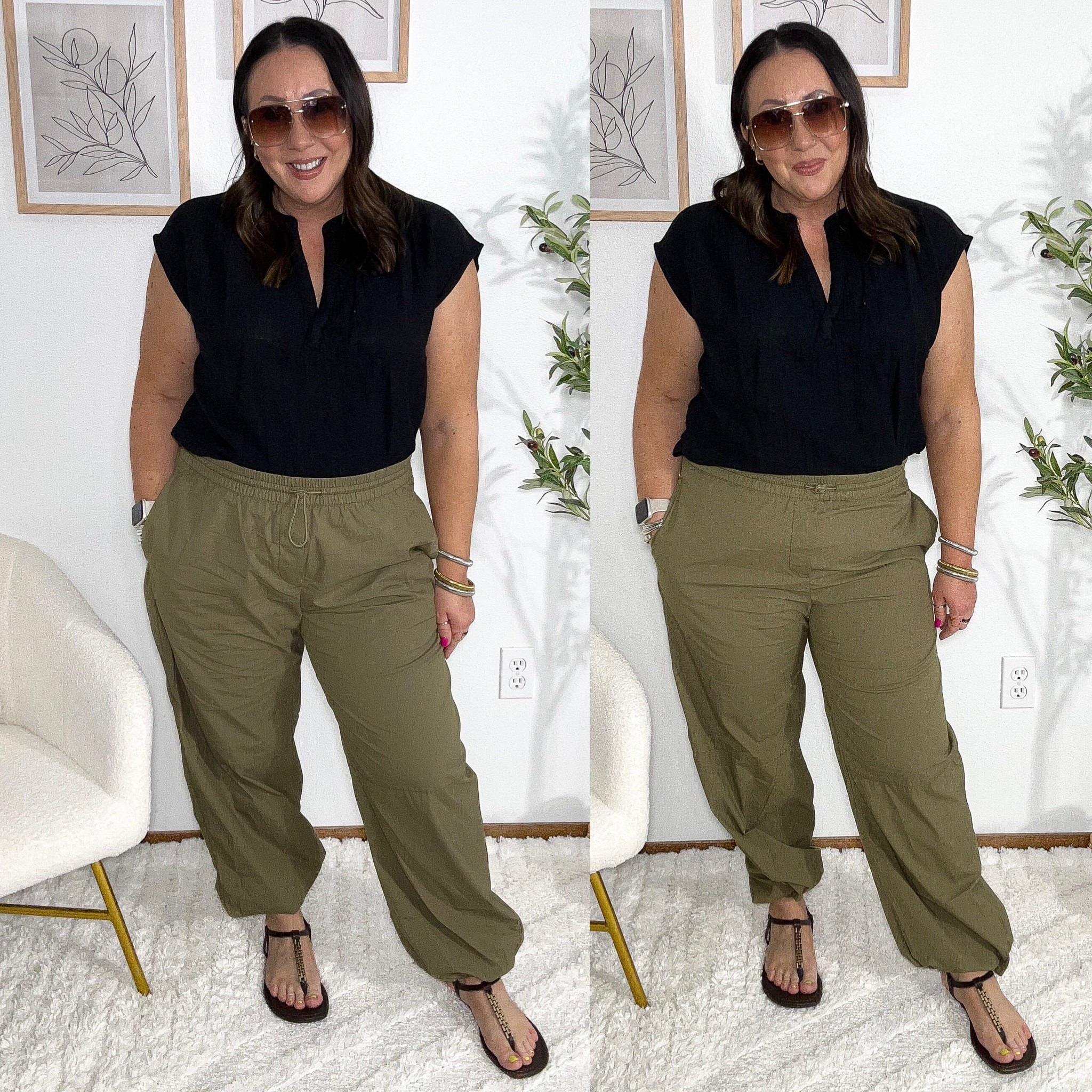 Old Navy new arrivals! Parachute pants on sale for $24!  Wearing an xl on the left. Large on the right. If between sizes, go with your bigger size. Medium gauze top. This one runs big. You can size down. Sandals run true to size.  

#LTKMidsize #LTKSaleAlert #LTKOver40