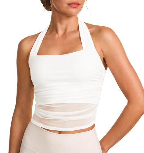 Aoysky Womens Halter Sports Bras Mesh Ruched Padded Workout Crop Tops White | Amazon (US)