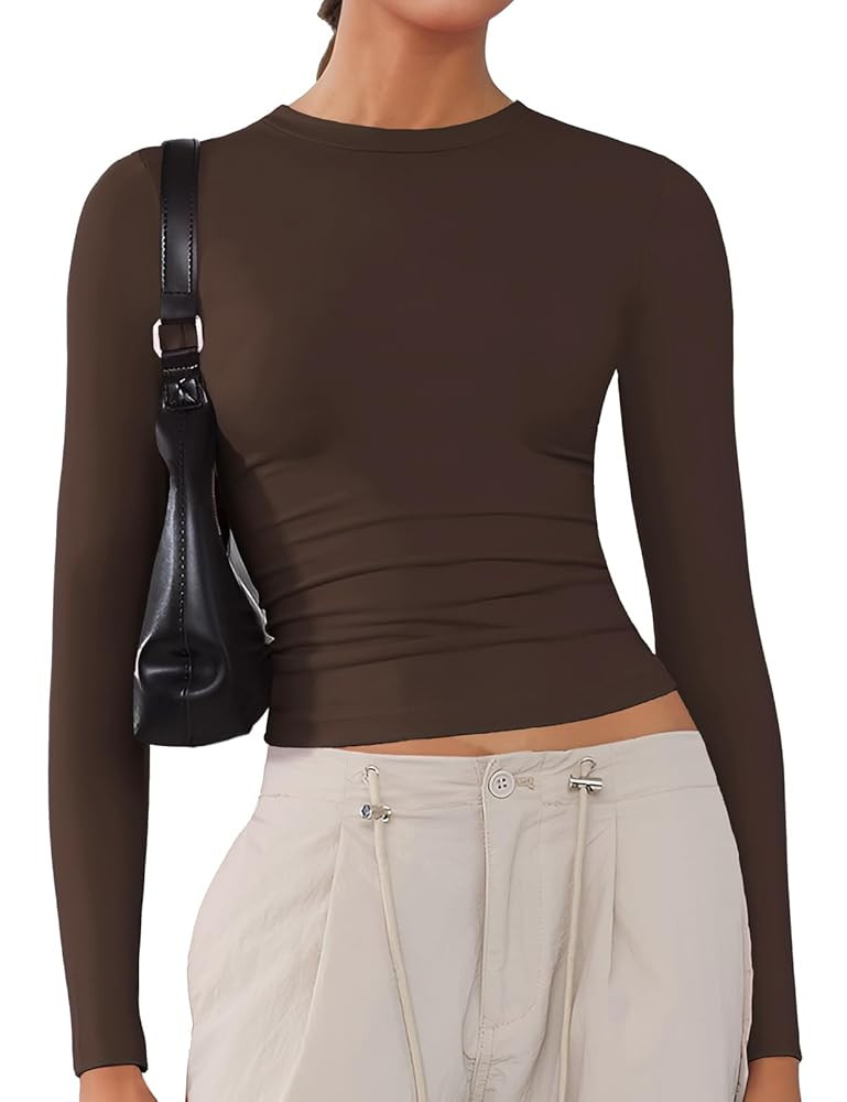 Women's Soft Long Sleeve Shirts Crew Neck Tops Basic Tees Stretchy Going Out Crop Tops Y2K Slim F... | Amazon (US)