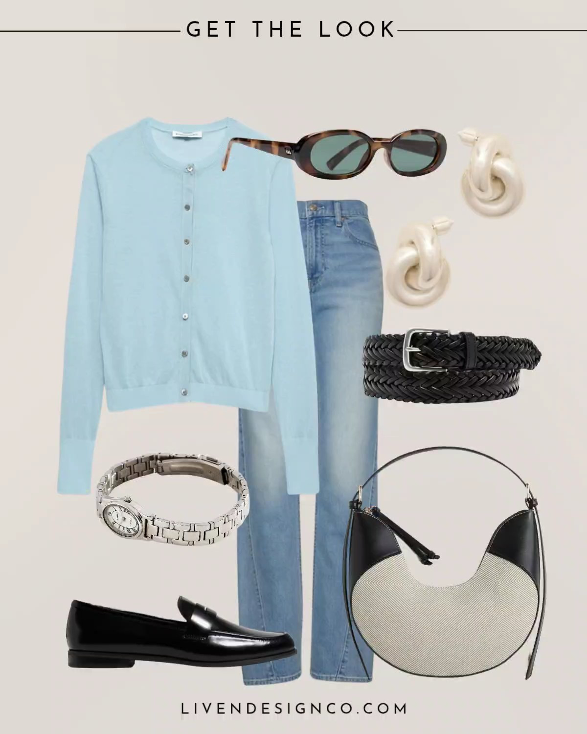 Style inspiration. Blue sweater. Cardigan. Winter style. Style inspo. Straight denim. Sunglasses. Knot earrings. Watch. Loafers. Handbag. Shoulder bag. Woven belt. 

#LTKSeasonal #LTKSaleAlert