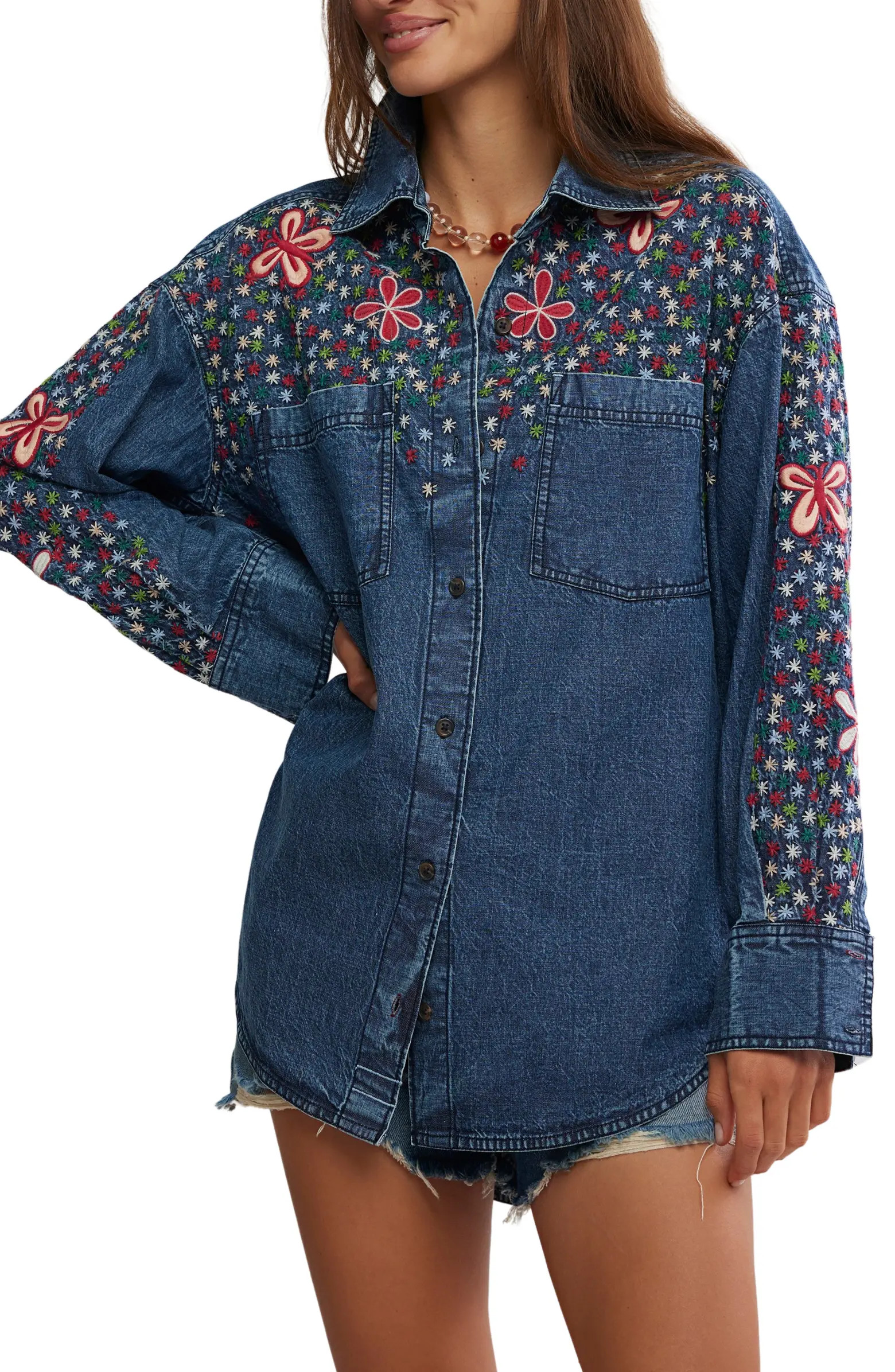 Free People Rainbow Embroidered Denim Shirt | Nordstromrack | Nordstrom Rack