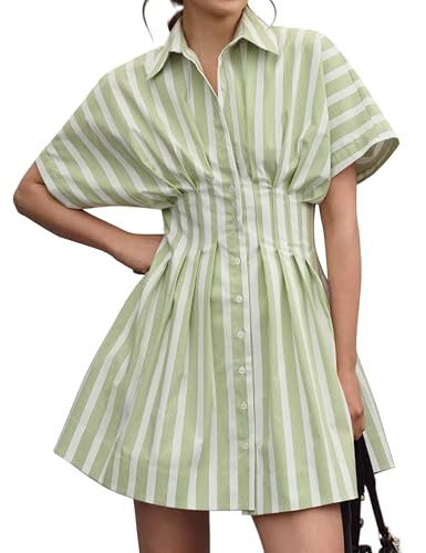 Ceputer Summer Button Down Shirt Dress for Women Short Sleeve Pleated Mini Dresses Causal A Line Flowy Corset Short Dress | Amazon (US)