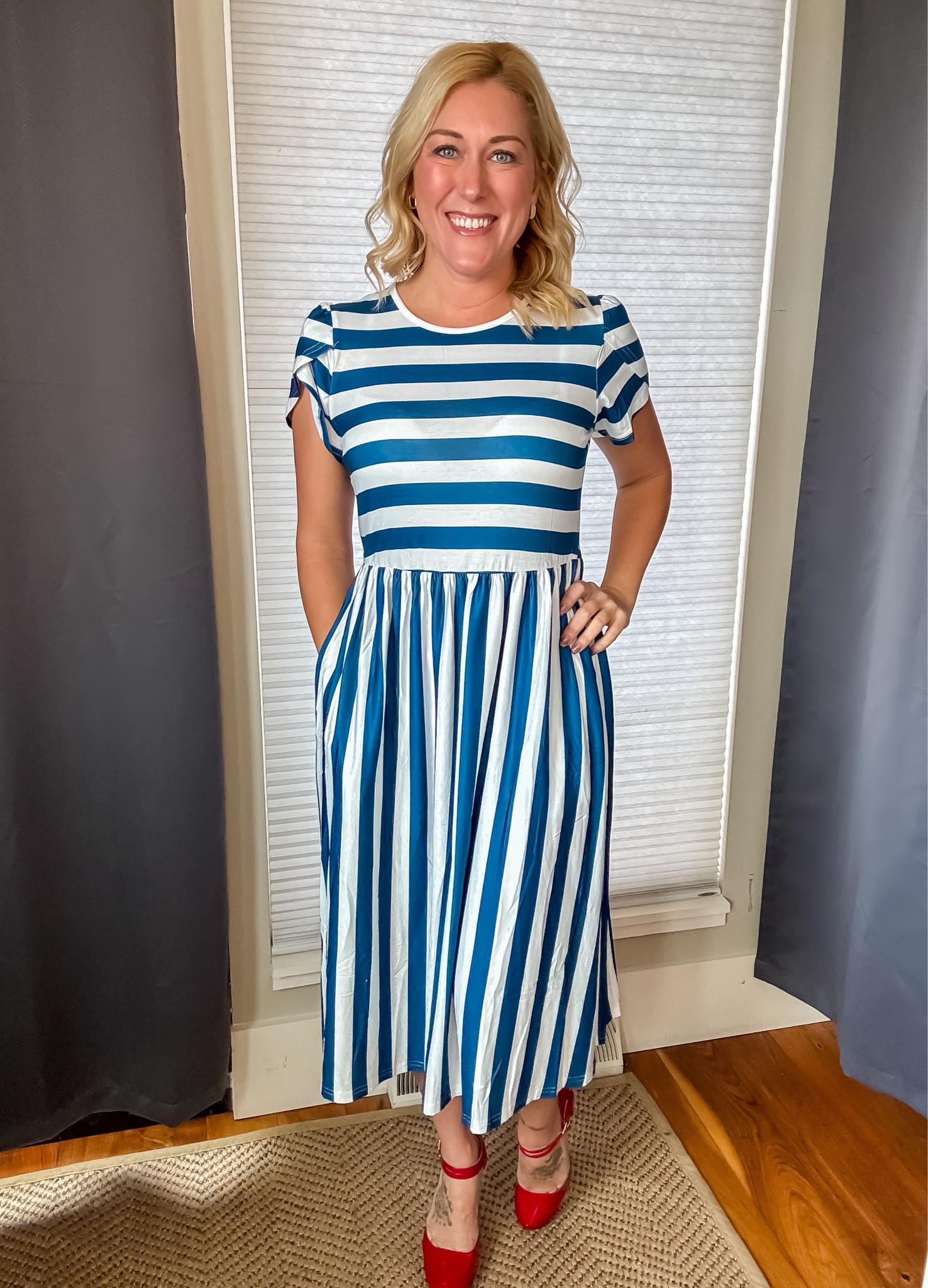 This flowy short sleeve midi dress is a must have! Perfect for the office, a gathering, or the beach! Dress it up or dress it down - either way it’s a comfortable option for any occasion.