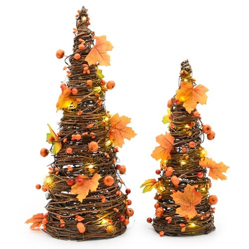 CRCZK 16inch Fall Tree Decoration Indoor, 2PCS Artifical Autumn Rattan Pumpkins Berries and Maple Leaves Decorations for Porch, Light Up Fall Harvest Kitchen Mantle, Table Decor Thanksgiving Decor | Amazon (US)