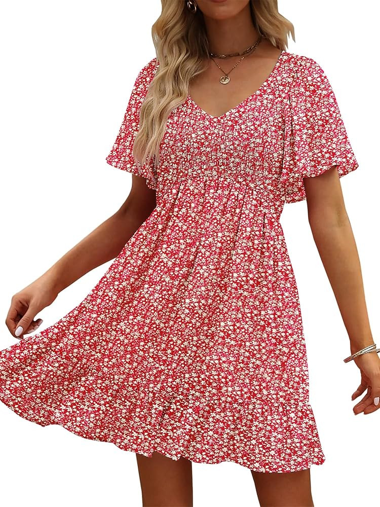 UEAL Womens Cute Floral Smocked V Neck Flutter Sleeve Sundress with Pockets Casual Spring Summer ... | Amazon (US)