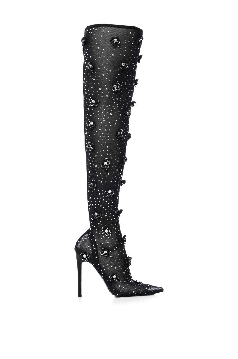 AZALEA WANG MARLOWE BLACK EMBELLISHED FLOWER BOOT | AKIRA