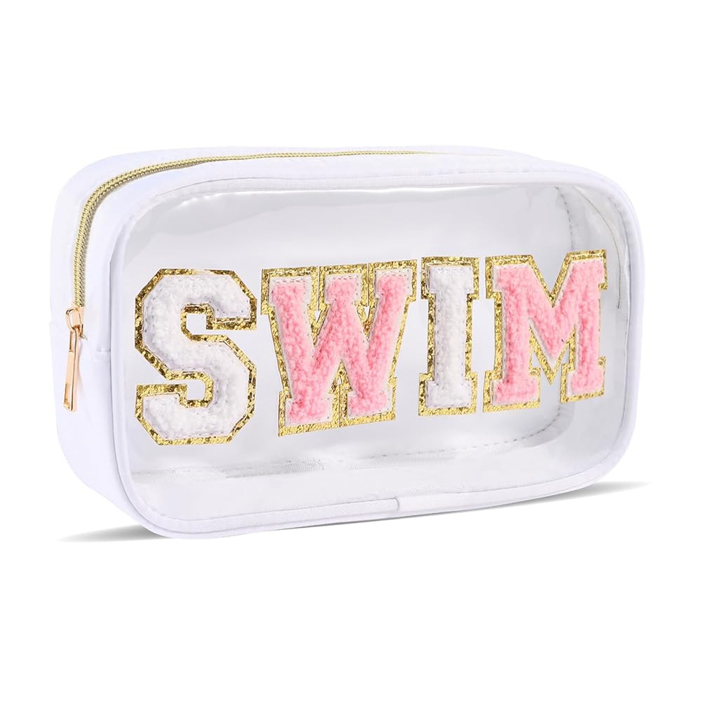Swim Pouch Bag Clear Makeup Bags with Zipper Preppy Chenille Letter Patch Cosmetic Bag Beach Pool... | Amazon (US)
