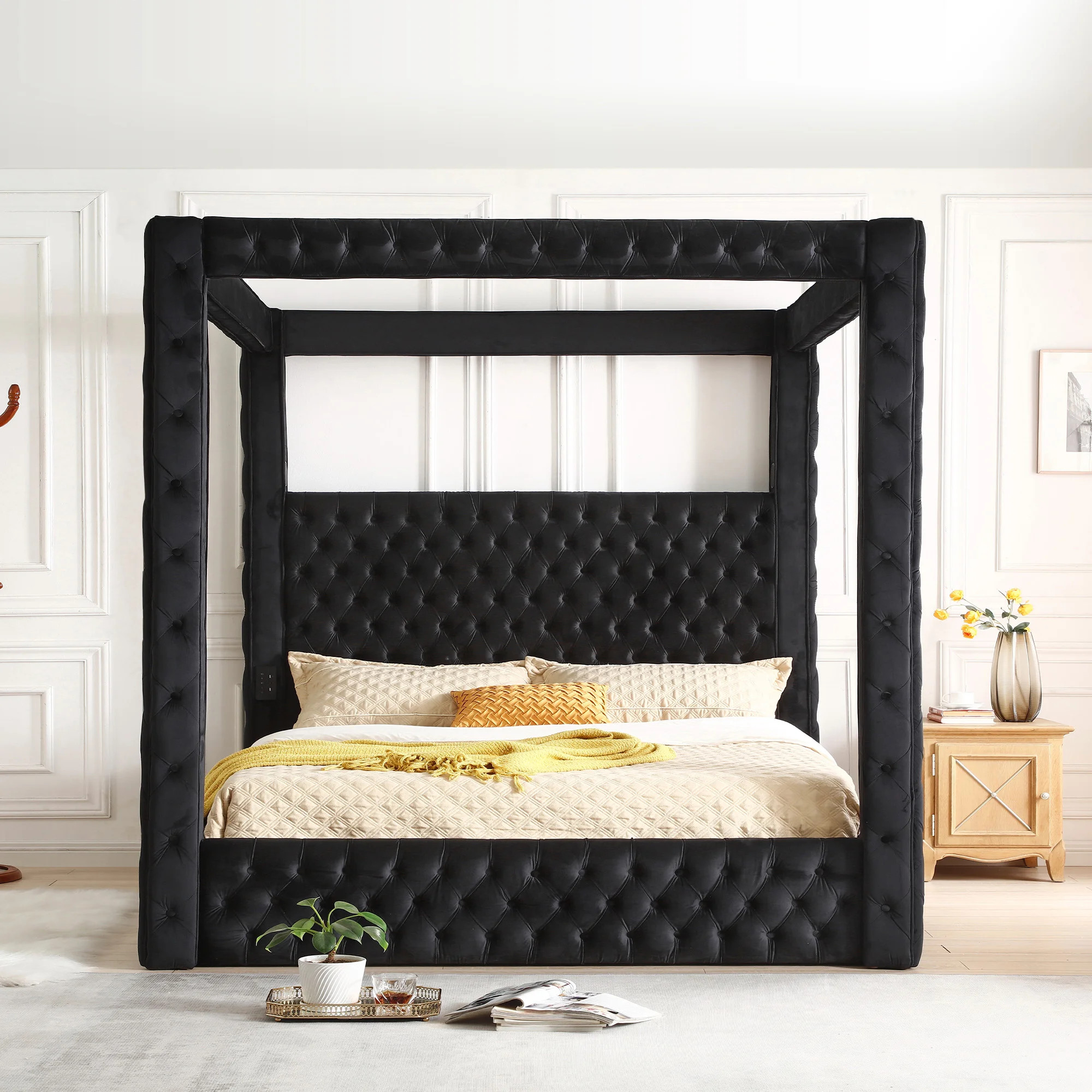 Jittender Luxurious Velvet Upholstered Canopy Bed with Speaker & USB Connection | Wayfair North America