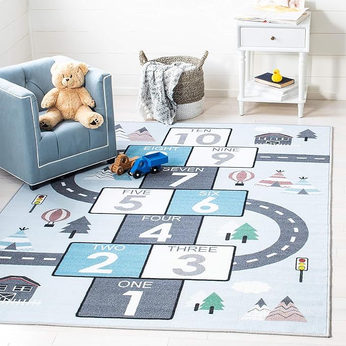 SAFAVIEH Kids Play House Collection 5' 5" x 7' 7" Grey/Blue Hopscotch Machine Washable Nursery Pl... | Amazon (US)