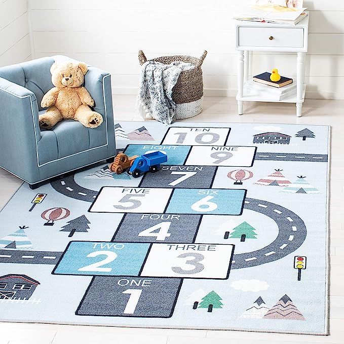 SAFAVIEH Kids Play House Collection 5' 5" x 7' 7" Grey/Blue Hopscotch Machine Washable Nursery Pl... | Amazon (US)