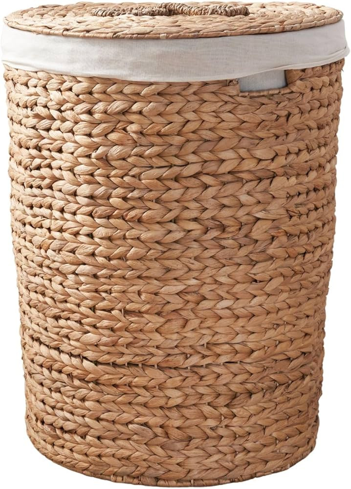 Woven Laundry Hamper with Lid - Large Round Wicker Basket for Clothes Storage - Water Hyacinth Ra... | Amazon (US)
