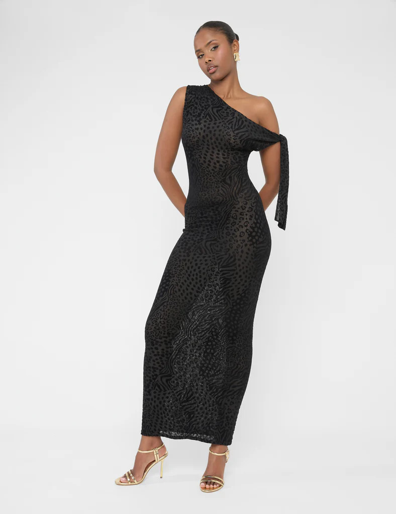 Knot Detail Asymmetric One Shoulder Maxi Dress Devore Leopard Black | Public Desire