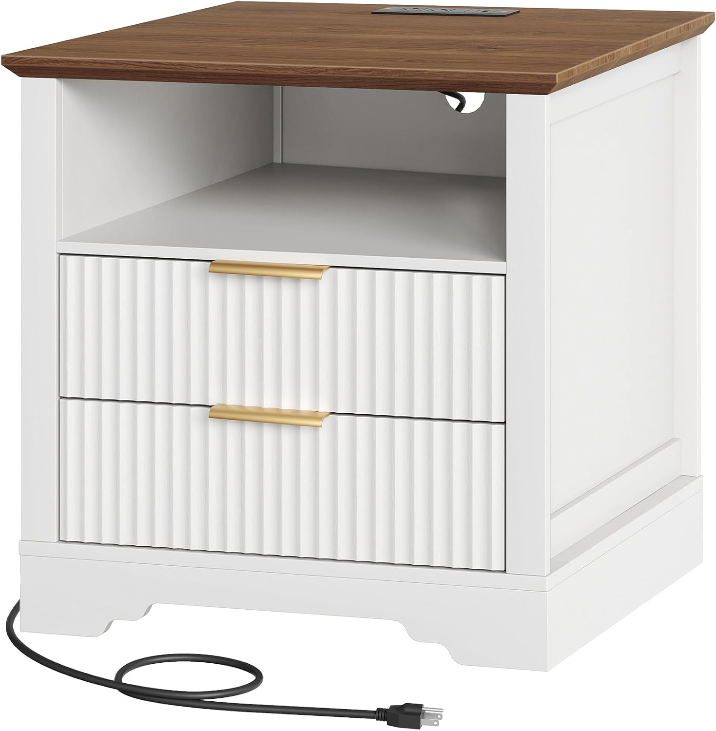 Farmhouse End Table with Charging Station, 24'' Sofa Side Table with 2 Drawers, Bedside Table wit... | Amazon (US)