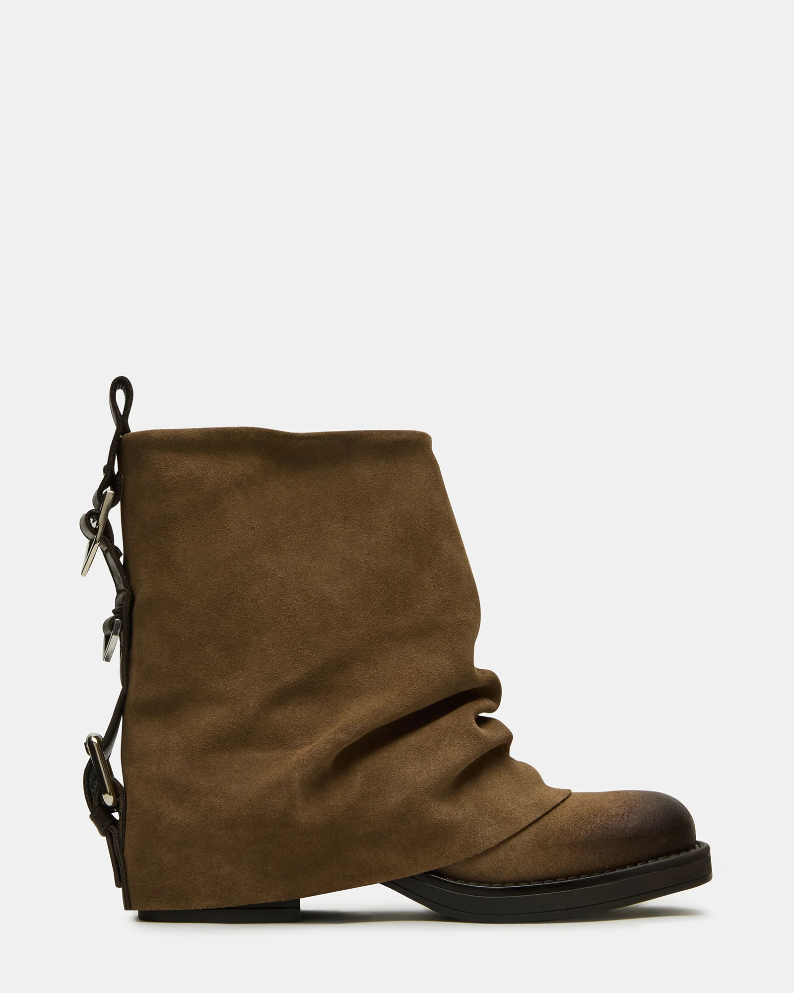 BENJI Taupe Suede Cuffed Fold-Over Moto Buckle Women's Ankle Boot | Steve Madden (US)