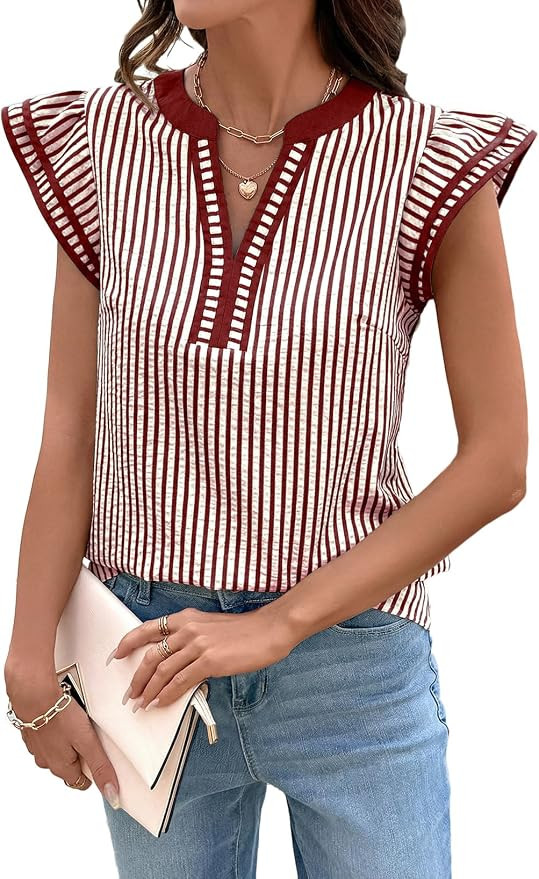 Dokotoo Womens Summer Tops Casual V Neck Short Sleeve Striped Blouses | Ruffle Cap Sleeves, Women... | Amazon (US)
