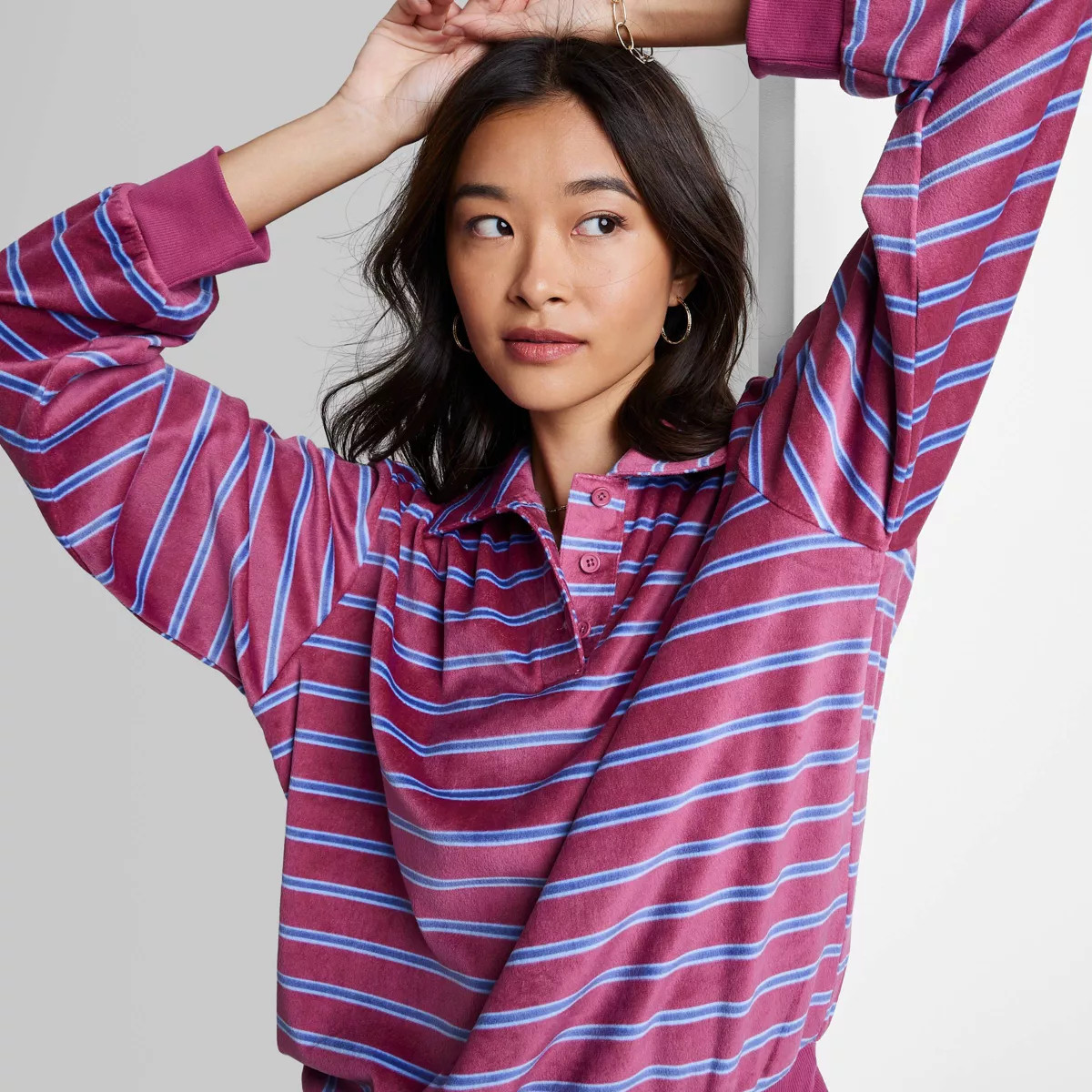 Women's Ascot + Hart Collared Striped Long Sleeve Graphic T-Shirt | Target