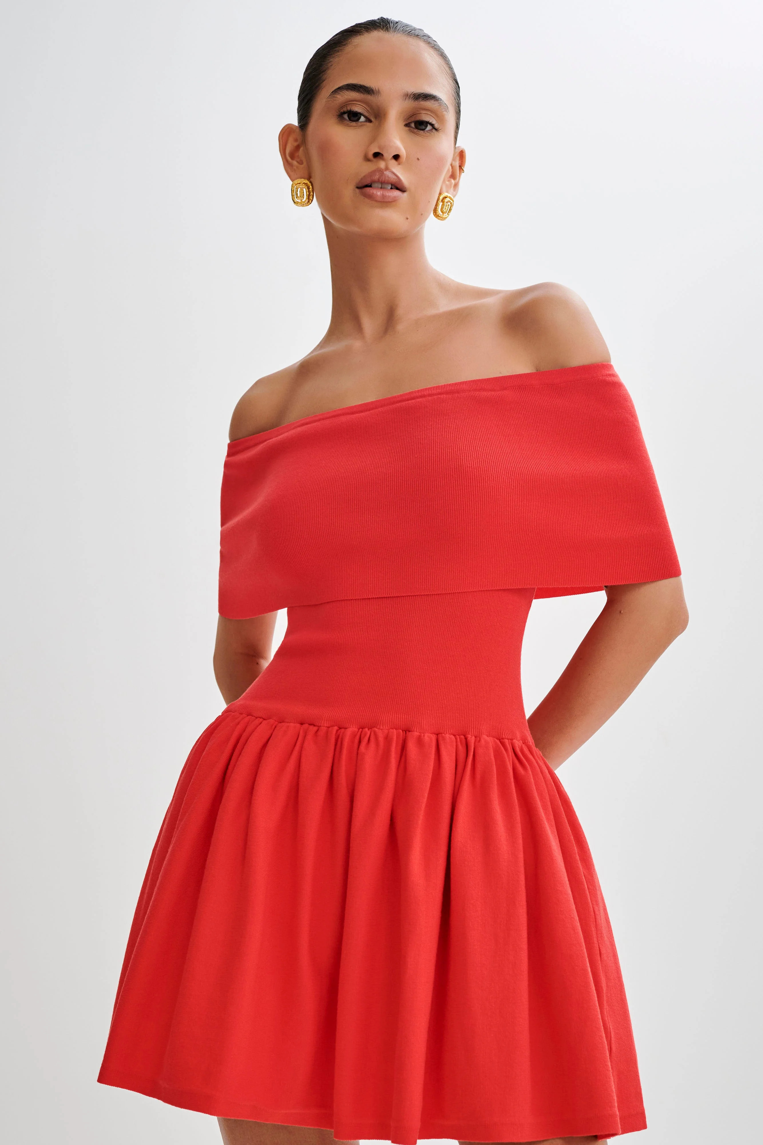 Lydia Off Shoulder Knit Mini Dress - Red | MESHKI US