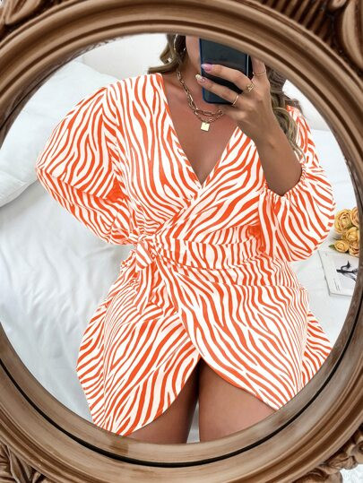 Plus Zebra Stripe Knot Side Wrap Dress | SHEIN