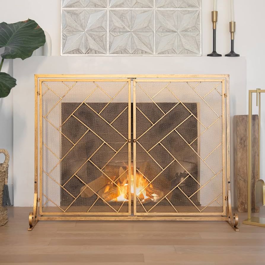 Barton 45 x 33inch 2-Panel Handcrafted Wrought Iron Decorative Mesh Geometric Fireplace Screen, F... | Amazon (US)