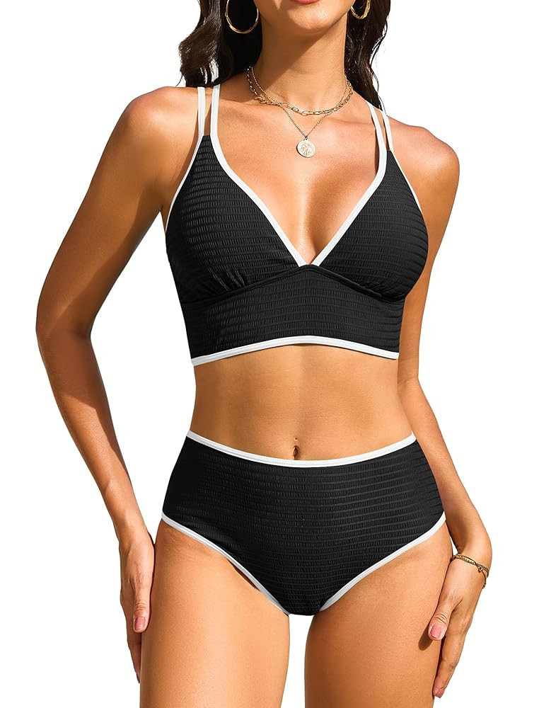 ZAFUL Women High Waisted Bikini Sets Tummy Control Two Piece Swimsuits Crisscross Back Textured 2... | Amazon (US)