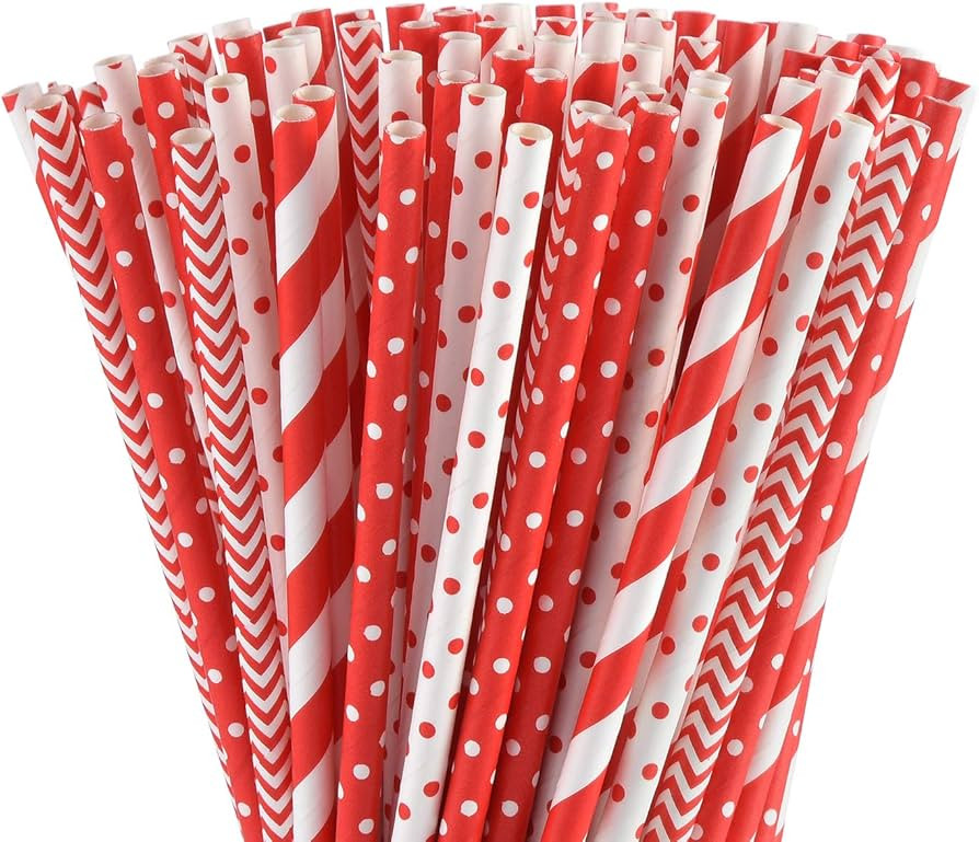 ALINK Biodegradable Red Paper Straws Bulk - 100 Dots/Stripes/Waves Straws for Beverage, Christmas... | Amazon (US)
