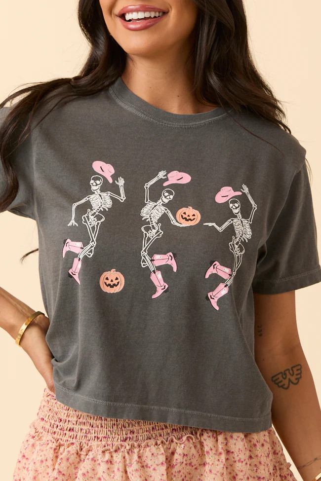 Dancing Skeletons Dark Grey Boxy Graphic Tee | Pink Lily