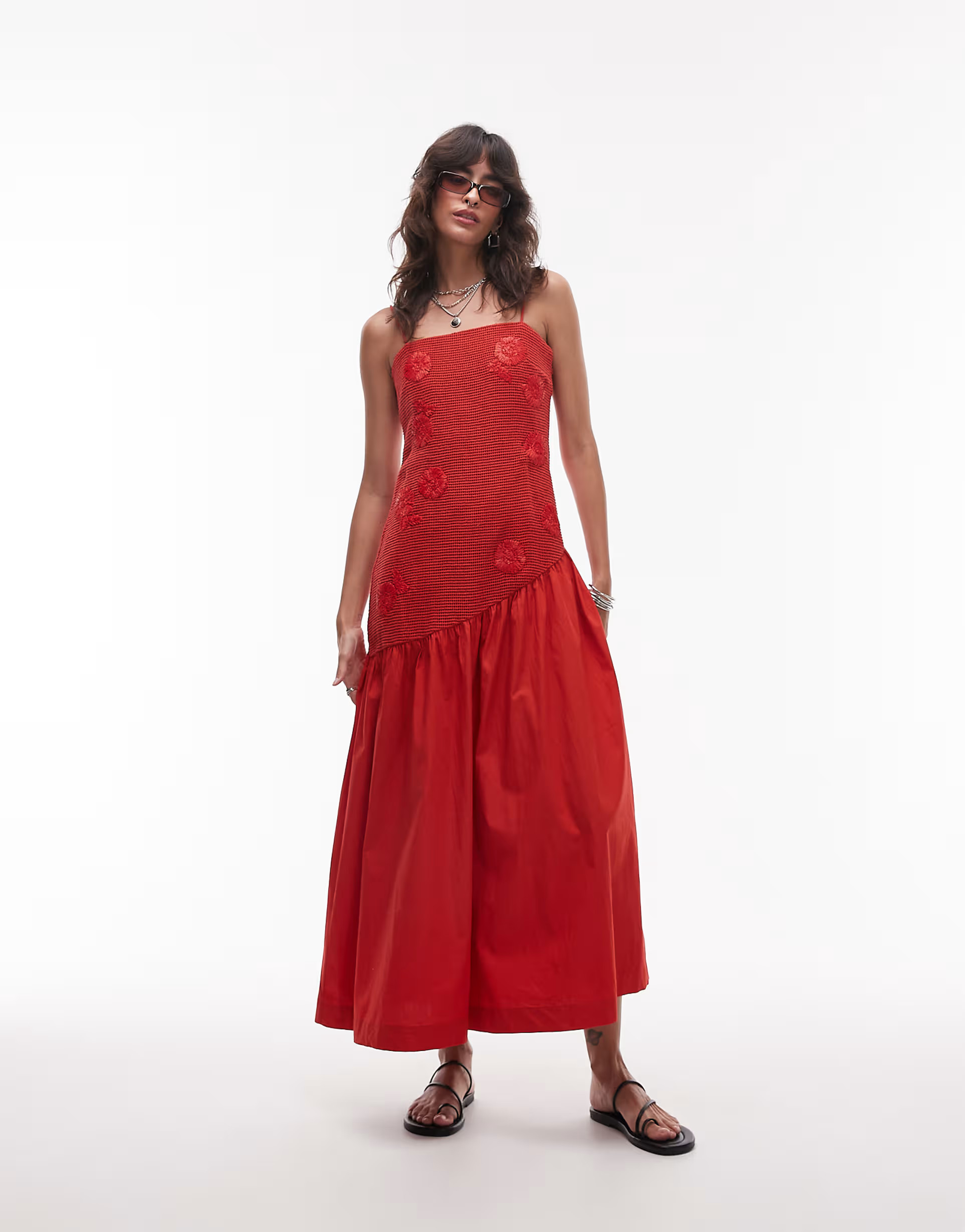 Topshop dropped waist raffia bodice midi sundress in red | ASOS | ASOS (Global)