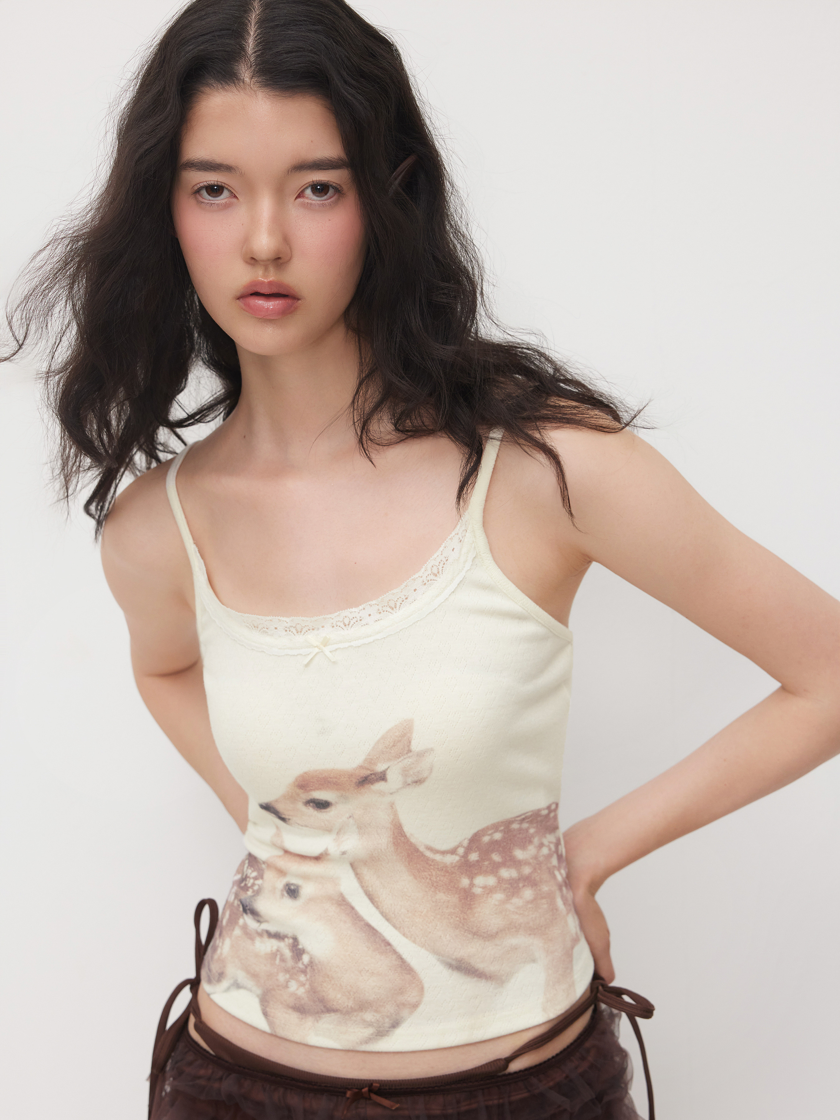 Knit Fabric Deer Graphic Bowknot Lace Trim Cami Top For Daily Casual | Cider