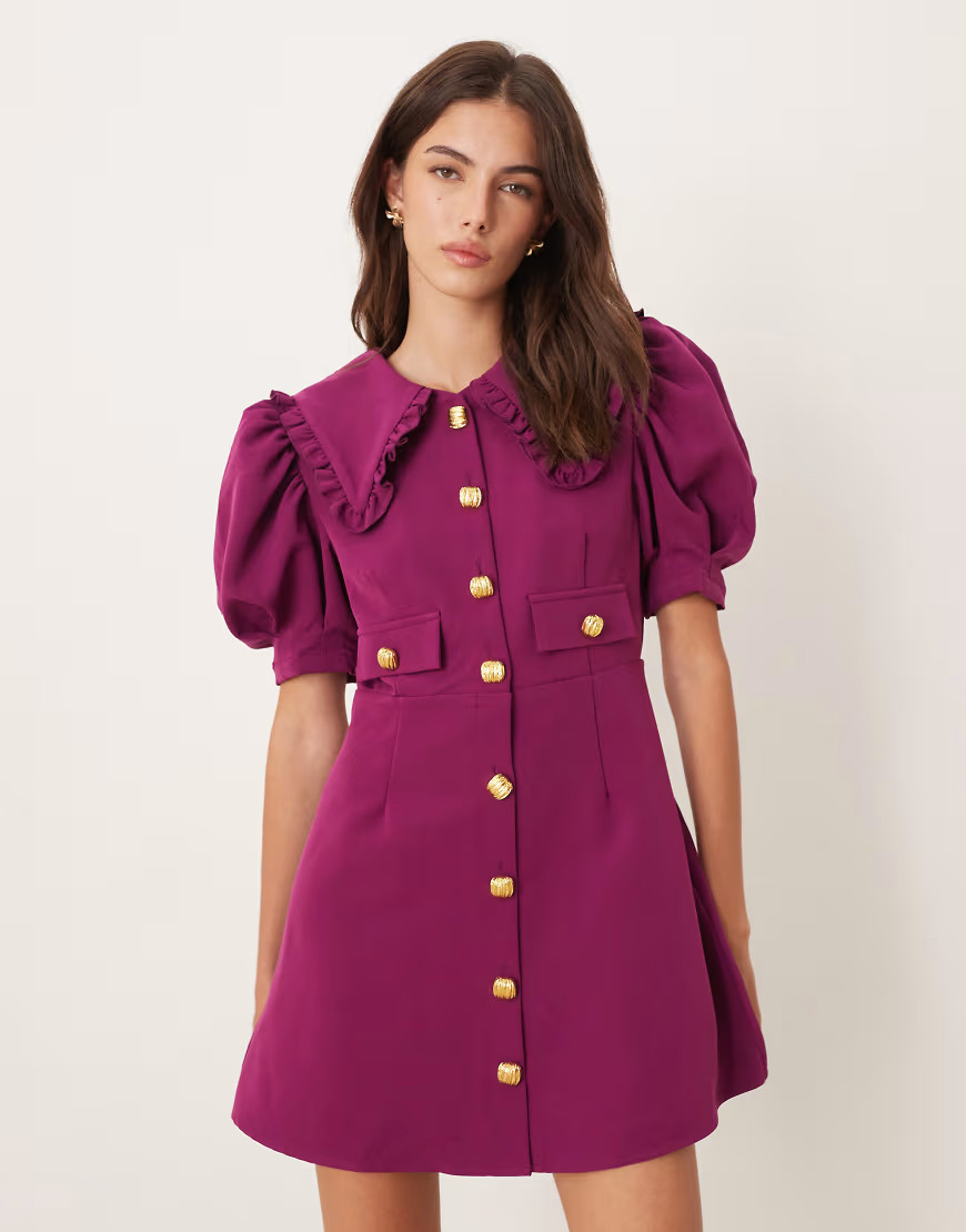 Sister Jane puff sleeve button front shirt mini dress in purple | ASOS (Global)