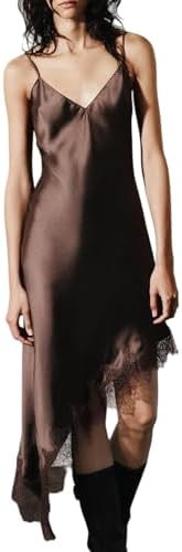Women Lace Satin Asymmetrical Dress Y2k Spaghetti Strap High Low Silk Dress Sexy Layering Slip Dr... | Amazon (US)