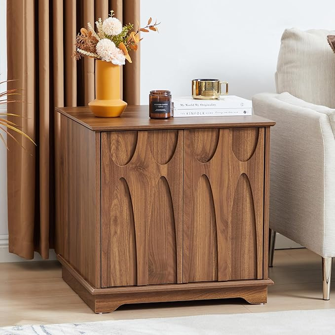 24inch Large Square End Table with Storage,Mid Century Modern 2 Door Sofa Side Table with Shelf f... | Amazon (US)