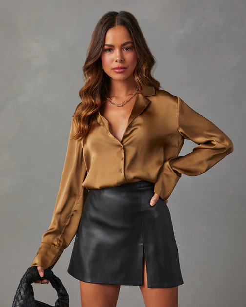 Ellery Satin Button Down Top - Bronze | VICI
