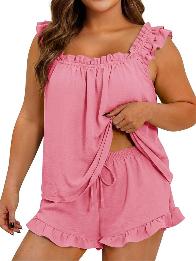 Beautife Womens Plus Size 2 Piece Pajamas Set Ruffle Square Neck Tank Top Shorts Matching Sets Su... | Amazon (US)