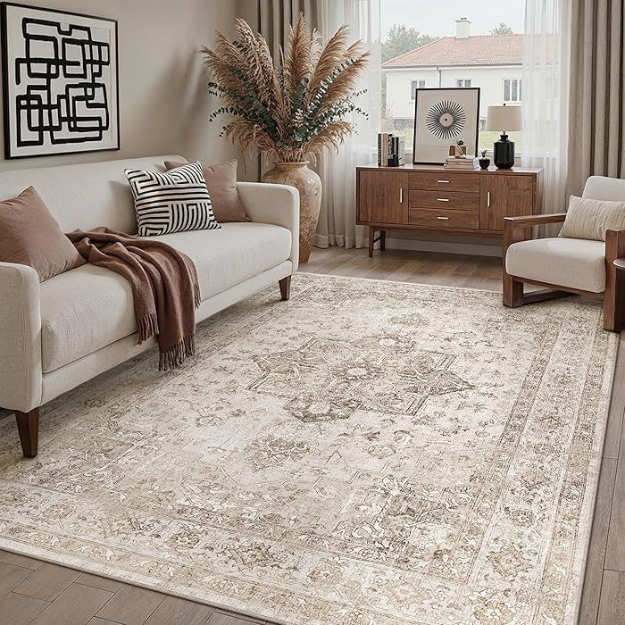 Taupe 6x9 Area Rug Washable Vintage Living Room Carpet Non Slip Retro Distressed Low Pile Soft Or... | Amazon (US)
