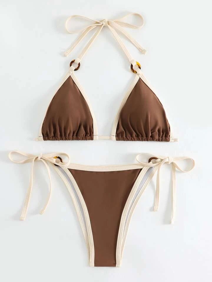 SHEIN Swim Vcay Contrast Binding Halter Triangle Tie Side Bikini Swimsuit | SHEIN