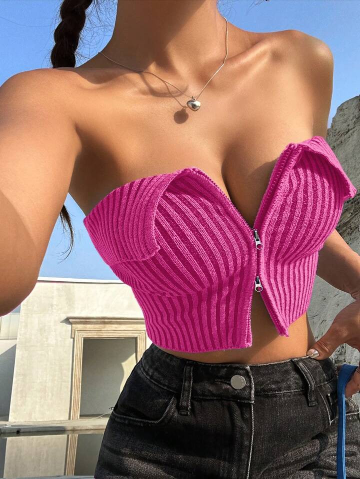 SHEIN EZwear Women's Halter Zipper Closure Cropped Knit Top | SHEIN