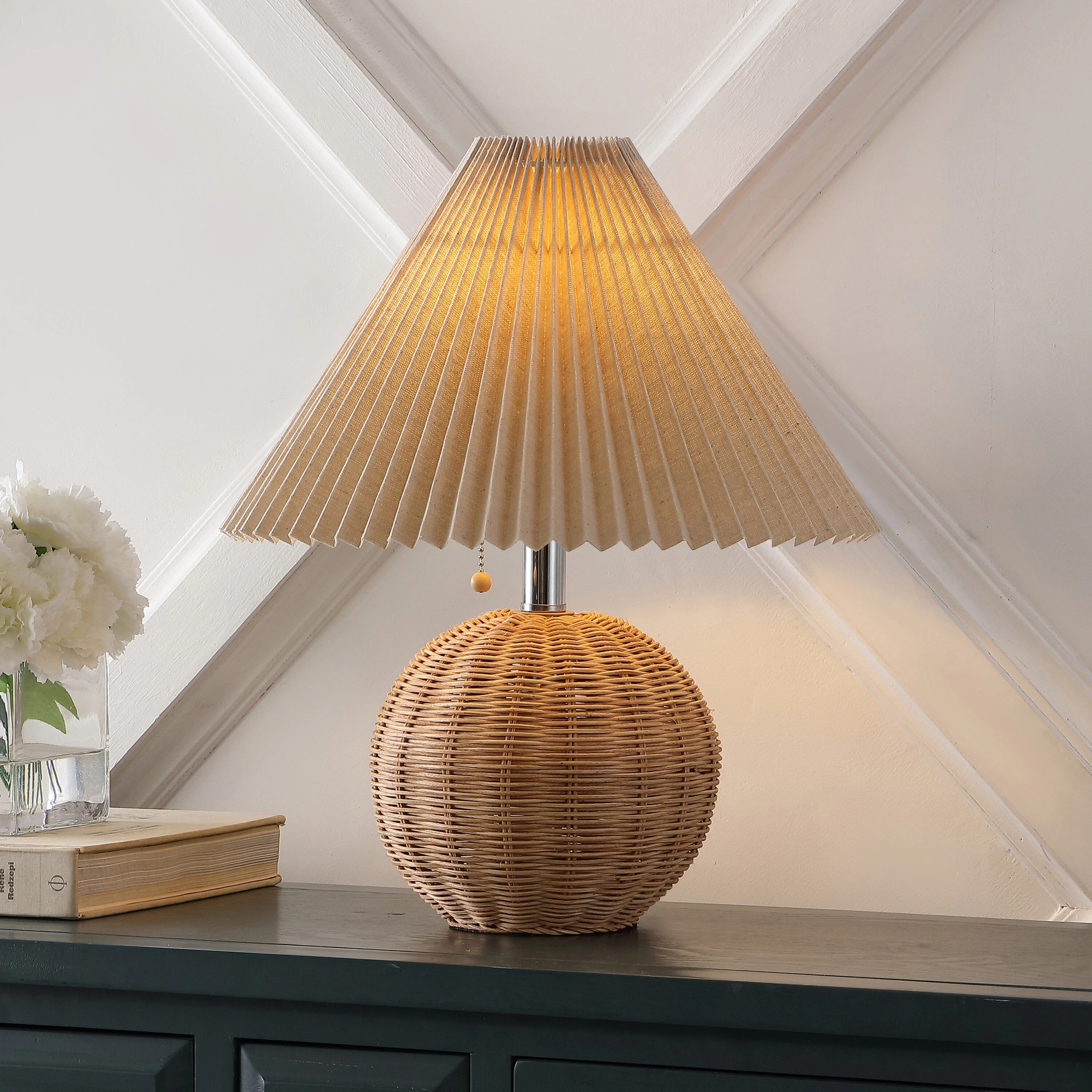 JONATHAN Y Aksel Scandinavian Rattan/Iron Sphere 17.25-in Natural LED Pull-chain Table Lamp with Linen Shade one_size | JYL1145C | Lowe's
